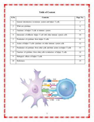1
Table of Content
S.No Contents Page No.
1 General introduction to immune system and helper T cells 3
2 What are cytokines 4
3 Functions of helper T cells in immune system 6
4 Interaction of different helper T cell with other immune system cells 10
5 Production of cytokines from helper T cells 11
6 Action of helper T cells cytokines on other immune system cells 12
7 Production of cytokines from other cells and their action on helper T cells 13
8 Function of cytokines from other cells in induction of helper T cells 14
9 Biological effects of helper T cells 16
10 References 18
 