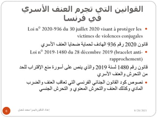 ‫ا‬
‫ﻟ‬
‫ﻘ‬
‫ﻮ‬
‫ا‬
‫ﻧ‬
‫ﯿ‬
‫ﻦ‬
‫ا‬
‫ﻟ‬
‫ﺘ‬
‫ﻲ‬
‫ﺗ‬
‫ﺠ‬
‫ﺮ‬
‫م‬
‫ا‬
‫ﻟ‬
‫ﻌ‬
‫ﻨ‬
‫ﻒ‬
‫ا‬
‫ﻷ‬
‫ﺳ‬
‫ﺮ‬
‫ي‬
‫ﻓ‬
‫ﻲ‬
‫ﻓ‬
‫ﺮ‬
‫ﻧ‬
‫ﺴ‬
‫ﺎ‬
8/28/2021
‫إ‬
‫ﻋ‬
‫ﺪ‬
‫ا‬
‫د‬
‫ا‬
‫ﻟ‬
‫ﺪ‬
‫ﻛ‬
‫ﺘ‬
‫ﻮ‬
‫ر‬
‫ة‬
/
‫ﯾ‬
‫ﺴ‬
‫ﺮ‬
‫ا‬
‫ﻣ‬
‫ﺤ‬
‫ﻤ‬
‫ﺪ‬
‫ﺷ‬
‫ﻌ‬
‫ﺒ‬
‫ﺎ‬
‫ن‬
6
—
Loi n° 2020-936 du 30 juillet 2020 visant à protéger les
victimes de violences conjugales
‫ﻗ‬
‫ﺎ‬
‫ﻧ‬
‫ﻮ‬
‫ن‬
2020
‫ر‬
‫ﻗ‬
‫ﻢ‬
936
‫ا‬
‫ﻟ‬
‫ﮭ‬
‫ﺎ‬
‫د‬
‫ف‬
‫ﻟ‬
‫ﺤ‬
‫ﻤ‬
‫ﺎ‬
‫ﯾ‬
‫ﺔ‬
‫ﺿ‬
‫ﺤ‬
‫ﺎ‬
‫ﯾ‬
‫ﺎ‬
‫ا‬
‫ﻟ‬
‫ﻌ‬
‫ﻨ‬
‫ﻒ‬
‫ا‬
‫ﻷ‬
‫ﺳ‬
‫ﺮ‬
‫ي‬
—
Loi n° 2019-1480 du 28 décembre 2019 (bracelet anti-
rapprochement)
‫ﻗ‬
‫ﺎ‬
‫ﻧ‬
‫ﻮ‬
‫ن‬
‫ر‬
‫ﻗ‬
‫ﻢ‬
1480
‫ﻟ‬
‫ﺴ‬
‫ﻨ‬
‫ﺔ‬
2019
‫و‬
‫ا‬
‫ﻟ‬
‫ﺬ‬
‫ي‬
‫ﯾ‬
‫ﻨ‬
‫ﺺ‬
‫ﻋ‬
‫ﻠ‬
‫ﻰ‬
‫أ‬
‫ﺳ‬
‫ﻮ‬
‫ر‬
‫ة‬
‫ﻣ‬
‫ﻨ‬
‫ﻊ‬
‫ا‬
‫ﻹ‬
‫ﻗ‬
‫ﺘ‬
‫ﺮ‬
‫ا‬
‫ب‬
‫ﻟ‬
‫ﻠ‬
‫ﺤ‬
‫ﺪ‬
‫ﻣ‬
‫ﻦ‬
‫ا‬
‫ﻟ‬
‫ﺘ‬
‫ﺤ‬
‫ﺮ‬
‫ش‬
‫و‬
‫ا‬
‫ﻟ‬
‫ﻌ‬
‫ﻨ‬
‫ﻒ‬
‫ا‬
‫ﻷ‬
‫ﺳ‬
‫ﺮ‬
‫ي‬
—
‫ﻧ‬
‫ﺼ‬
‫ﻮ‬
‫ص‬
‫ﻛ‬
‫ﻮ‬
‫د‬
‫ا‬
‫ﻟ‬
‫ﻘ‬
‫ﺎ‬
‫ﻧ‬
‫ﻮ‬
‫ن‬
‫ا‬
‫ﻟ‬
‫ﺠ‬
‫ﻨ‬
‫ﺎ‬
‫ﺋ‬
‫ﻲ‬
‫ا‬
‫ﻟ‬
‫ﻔ‬
‫ﺮ‬
‫ﻧ‬
‫ﺴ‬
‫ﻲ‬
‫ا‬
‫ﻟ‬
‫ﺘ‬
‫ﻲ‬
‫ﺗ‬
‫ﻌ‬
‫ﺎ‬
‫ﻗ‬
‫ﺐ‬
‫ا‬
‫ﻟ‬
‫ﻌ‬
‫ﻨ‬
‫ﻒ‬
‫و‬
‫ا‬
‫ﻟ‬
‫ﻀ‬
‫ﺮ‬
‫ب‬
‫ا‬
‫ﻟ‬
‫ﻤ‬
‫ﺎ‬
‫د‬
‫ي‬
‫و‬
‫ﻛ‬
‫ﺬ‬
‫ﻟ‬
‫ﻚ‬
‫ا‬
‫ﻟ‬
‫ﻌ‬
‫ﻨ‬
‫ﻒ‬
‫و‬
‫ا‬
‫ﻟ‬
‫ﺘ‬
‫ﺤ‬
‫ﺮ‬
‫ش‬
‫ا‬
‫ﻟ‬
‫ﻤ‬
‫ﻌ‬
‫ﻨ‬
‫ﻮ‬
‫ي‬
‫و‬
‫ا‬
‫ﻟ‬
‫ﺘ‬
‫ﺤ‬
‫ﺮ‬
‫ش‬
‫ا‬
‫ﻟ‬
‫ﺠ‬
‫ﻨ‬
‫ﺴ‬
‫ﻲ‬
 