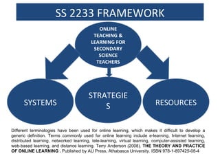 SS 2233 FRAMEWORK STRATEGIES ONLINE TEACHING & LEARNING FOR SECONDARY SCIENCE TEACHERS SYSTEMS RESOURCES Different terminologies have been used for online learning, which makes it difficult to develop a generic definition. Terms commonly used for online learning include e-learning, Internet learning, distributed learning, networked learning, tele-learning, virtual learning, computer-assisted learning, web-based learning, and distance learning. Terry Anderson (2008).  THE THEORY AND PRACTICE OF ONLINE LEARNING .  Published by AU Press, Athabasca University. ISBN 978-1-897425-08-4  