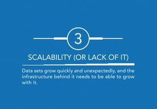 Data sets grow quickly and unexpectedly, and the
infrastructure behind it needs to be able to grow
with it.
3
SCALABILITY (OR LACK OF IT)
 