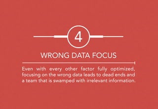 Even with every other factor fully optimized,
focusing on the wrong data leads to dead ends and
a team that is swamped with irrelevant information.
4
WRONG DATA FOCUS
 