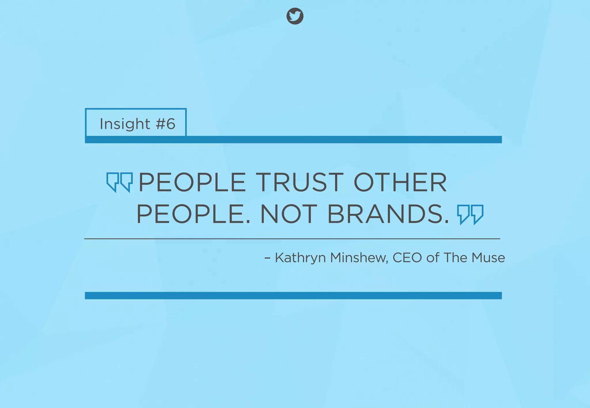 Insight #6
PEOPLE TRUST OTHER
PEOPLE. NOT BRANDS.
– Kathryn Minshew, CEO of The Muse
 