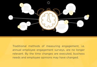 Traditional methods of measuring engagement, i.e.
annual employee engagement surveys, are no longer
relevant. By the time changes are executed, business
needs and employee opinions may have changed.
 