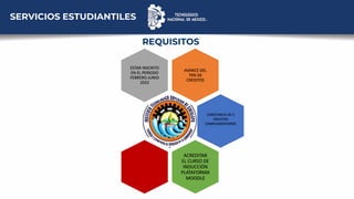 AVANCE DEL
70% DE
CREDITOS
ESTAR INSCRITO
EN EL PERIODO
FEBRERO-JUNIO
2022
CONSTANCIA DE 5
CREDITOS
COMPLEMENTARIOS
ACREDITAR
EL CURSO DE
INDUCCIÓN
PLATAFORMA
MOODLE
SERVICIOS ESTUDIANTILES
REQUISITOS
 