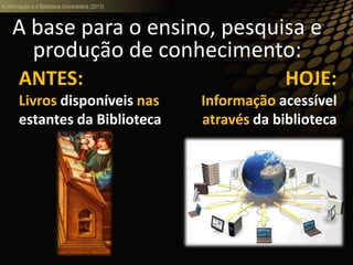 A informação e a Biblioteca Universitária (2013)
A base para o ensino, pesquisa e
produção de conhecimento:
ANTES:
Livros disponíveis nas
estantes da Biblioteca
HOJE:
Informação acessível
através da biblioteca
 