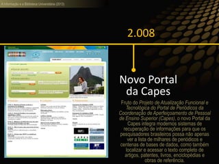 A informação e a Biblioteca Universitária (2013)
2.008
Novo Portal
da Capes
Fruto do Projeto de Atualização Funcional e
Tecnológica do Portal de Periódicos da
Coordenação de Aperfeiçoamento de Pessoal
de Ensino Superior (Capes), o novo Portal da
Capes integra modernos sistemas de
recuperação de informações para que os
pesquisadores brasileiros possa não apenas
ver a lista de milhares de periódicos e
centenas de bases de dados, como também
localizar e acessar o texto completo de
artigos, patentes, livros, enciclopédias e
obras de referência.
 