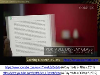 A informação e a Biblioteca Universitária (2013)
Corning Electronic Glass http://www.corning.com
https://www.youtube.com/watch?v=eA8dZ-i3xIo (A Day made of Glass, 2011)
https://www.youtube.com/watch?v=_LBwxdtVwKc (A Day made of Glass 2, 2012)
 
