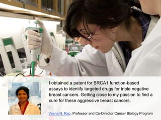 I obtained a patent for BRCA1 function-based
assays to identify targeted drugs for triple negative
breast cancers. Getting...