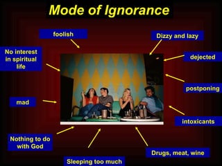 foolish No interest in spiritual life mad Nothing to do with God Dizzy and lazy Sleeping too much Drugs, meat, wine dejected postponing intoxicants Mode of Ignorance 