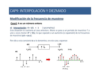 CAP9: INTERPOLACIÓN Y DIEZMADO
Modificación de la frecuencia de muestreo
Caso1: k es un número entero
a) Interpolación: K = 1/L < 1 (‘upsampling’)
Esta situación es contraria al caso anteriore. Ahora se pasa a un periodo de muestreo T a
uno L veces menor (T’ = T/L), lo que equivale a un aumento (o expansión) de la frecuencia
de muestreo (ω’s = ωs.L).
Por ello a esta constante k se le denomina, en este caso, expansor.
 
