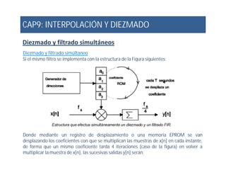 CAP9: INTERPOLACIÓN Y DIEZMADO
Diezmado y filtrado simultáneos
Diezmado y filtrado simúltaneo
Si el mismo filtro se implementa con la estructura de la Figura siguientes:
Donde mediante un registro de desplazamiento o una memoria EPROM se van
desplazando los coeficientes con que se multiplican las muestras de x[n] en cada instante,
de forma que un mismo coeficiente tarda 4 iteraciones (caso de la figura) en volver a
multiplicar la muestra de x[n], las sucesivas salidas y[n] serán:
 