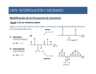 CAP9: INTERPOLACIÓN Y DIEZMADO
Modificación de la frecuencia de muestreo
Caso1: k es un número entero
Según si el valor de k toma un valor mayor ó menor que la unidad nos encontraremos con
dos situaciones diferentes:
a) Diezmado:a) Diezmado:
(‘downsampling’)
k = M > 1
b) Interpolación:
(‘upsampling’)
k = 1/L < 1
 