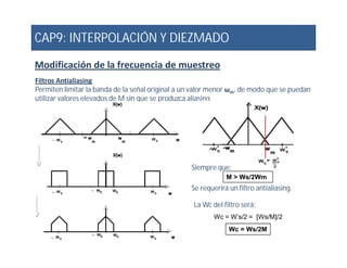 CAP9: INTERPOLACIÓN Y DIEZMADO
Modificación de la frecuencia de muestreo
Filtros Antialiasing
Permiten limitar la banda de la señal original a un valor menor ωm, de modo que se puedan
utilizar valores elevados de M sin que se produzca aliasing.
Wc = W’s/2 = [Ws/M]/2
La Wc del filtro será:
Wc = Ws/2M
Siempre que:
Se requerirá un filtro antialiasing.
M > Ws/2Wm
 