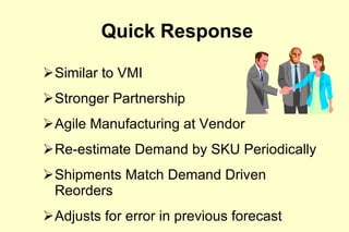 Similar to VMI Stronger Partnership Agile Manufacturing at Vendor Re-estimate Demand by SKU Periodically Shipments Match Demand Driven Reorders Adjusts for error in previous forecast Quick Response 