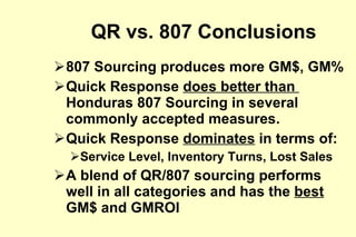 QR vs. 807 Conclusions 807 Sourcing produces more GM$, GM% Quick Response  does better than  Honduras 807 Sourcing in several commonly accepted measures. Quick Response  dominates  in terms of: Service Level, Inventory Turns, Lost Sales A blend of QR/807 sourcing performs well in all categories and has the  best  GM$ and GMROI 