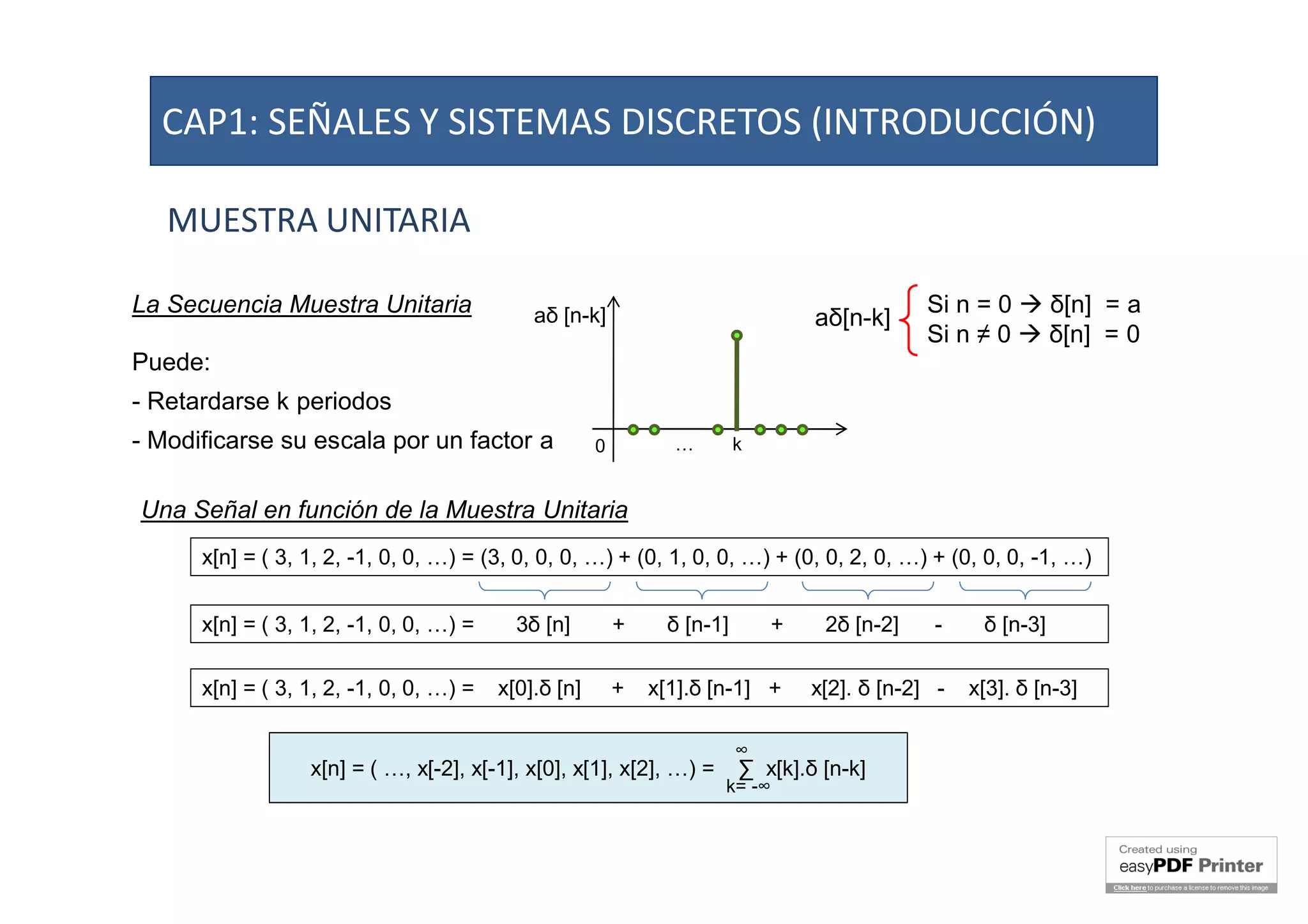 MUESTRA UNITARIA
La Secuencia Muestra Unitaria
Puede:
- Retardarse k periodos
- Modificarse su escala por un factor a
aδ [n-k]
0 … k
Si n = 0  δ[n] = a
Si n ≠ 0  δ[n] = 0
aδ[n-k]
x[n] = ( 3, 1, 2, -1, 0, 0, …) = (3, 0, 0, 0, …) + (0, 1, 0, 0, …) + (0, 0, 2, 0, …) + (0, 0, 0, -1, …)
x[n] = ( 3, 1, 2, -1, 0, 0, …) = 3δ [n] + δ [n-1] + 2δ [n-2] - δ [n-3]
x[n] = ( 3, 1, 2, -1, 0, 0, …) = x[0].δ [n] + x[1].δ [n-1] + x[2]. δ [n-2] - x[3]. δ [n-3]
x[n] = ( …, x[-2], x[-1], x[0], x[1], x[2], …) = ∑ x[k].δ [n-k]
∞
k= -∞
CAP1: SEÑALES Y SISTEMAS DISCRETOS (INTRODUCCIÓN)
Una Señal en función de la Muestra Unitaria
 
