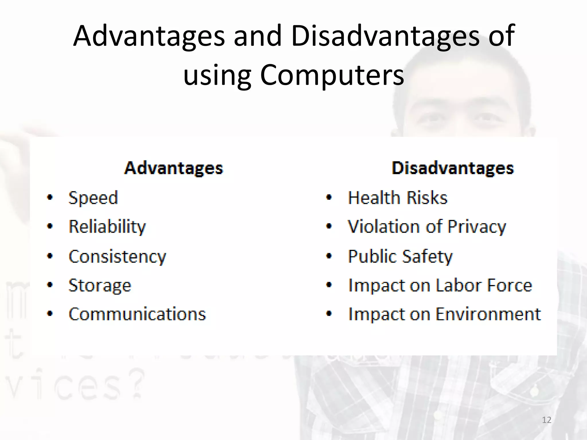 Advantages and Disadvantages of
using Computers
12
 