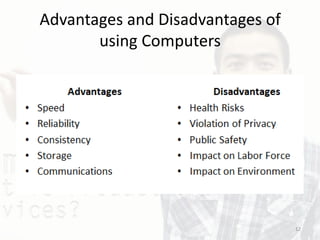 Advantages and Disadvantages of
using Computers
12
 