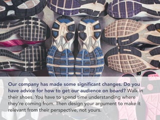 Our company has made some significant changes. Do you 
have advice for how to get our audience on board? Walk in 
their shoes. You have to spend time understanding where 
they’re coming from. Then design your argument to make it 
relevant from their perspective, not yours. 
 