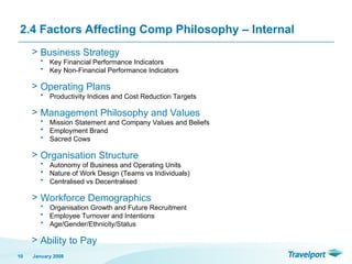 > Business Strategy
• Key Financial Performance Indicators
• Key Non-Financial Performance Indicators
> Operating Plans
• Productivity Indices and Cost Reduction Targets
> Management Philosophy and Values
• Mission Statement and Company Values and Beliefs
• Employment Brand
• Sacred Cows
> Organisation Structure
• Autonomy of Business and Operating Units
• Nature of Work Design (Teams vs Individuals)
• Centralised vs Decentralised
> Workforce Demographics
• Organisation Growth and Future Recruitment
• Employee Turnover and Intentions
• Age/Gender/Ethnicity/Status
> Ability to Pay
January 2008
10
2.4 Factors Affecting Comp Philosophy – Internal
 