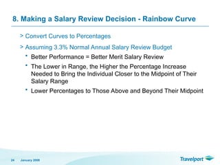8. Making a Salary Review Decision - Rainbow Curve
> Convert Curves to Percentages
> Assuming 3.3% Normal Annual Salary Review Budget
• Better Performance = Better Merit Salary Review
• The Lower in Range, the Higher the Percentage Increase
Needed to Bring the Individual Closer to the Midpoint of Their
Salary Range
• Lower Percentages to Those Above and Beyond Their Midpoint
January 2008
24
 