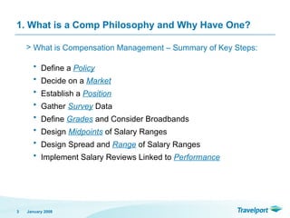 > What is Compensation Management – Summary of Key Steps:
• Define a Policy
• Decide on a Market
• Establish a Position
• Gather Survey Data
• Define Grades and Consider Broadbands
• Design Midpoints of Salary Ranges
• Design Spread and Range of Salary Ranges
• Implement Salary Reviews Linked to Performance
January 2008
3
1. What is a Comp Philosophy and Why Have One?
 