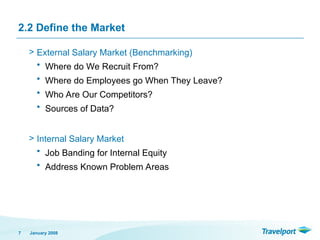 2.2 Define the Market
> External Salary Market (Benchmarking)
• Where do We Recruit From?
• Where do Employees go When They Leave?
• Who Are Our Competitors?
• Sources of Data?
> Internal Salary Market
• Job Banding for Internal Equity
• Address Known Problem Areas
January 2008
7
 