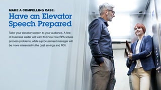 MAKE A COMPELLING CASE:
Have an Elevator
Speech Prepared
Tailor your elevator speech to your audience. A line-
of-business...