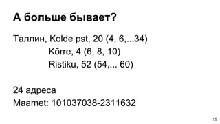 А больше бывает?
Таллин, Kolde pst, 20 (4, 6,...34)
Kõrre, 4 (6, 8, 10)
Ristiku, 52 (54,... 60)
24 адреса
Maamet: 101037038-2311632
15
 