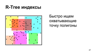 R-Tree индексы
Быстро ищем
охватывающие
точку полигоны
27
 