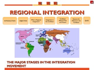 OBJECTIVES
Integration in
the Caribbean
Caribbean
Alliances Past
and Present
Reasons for
Alliances in the
Caribbean
What is Regional
Integration?
QUIZINTRODUCTION
XXXX
REGIONAL INTEGRATIONREGIONAL INTEGRATION
THE MAJOR STAGES INTHE INTEGRATIONTHE MAJOR STAGES INTHE INTEGRATION
MOVEMENTMOVEMENT
 