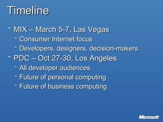 Timeline MIX – March 5-7, Las Vegas Consumer Internet focus Developers, designers, decision-makers PDC – Oct 27-30, Los Angeles All developer audiences Future of personal computing Future of business computing 