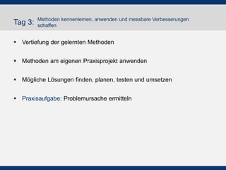Tag 3:

Methoden kennenlernen, anwenden und messbare Verbesserungen
schaffen

 Vertiefung der gelernten Methoden
 Methoden am eigenen Praxisprojekt anwenden

 Mögliche Lösungen finden, planen, testen und umsetzen
 Praxisaufgabe: Problemursache ermitteln

 