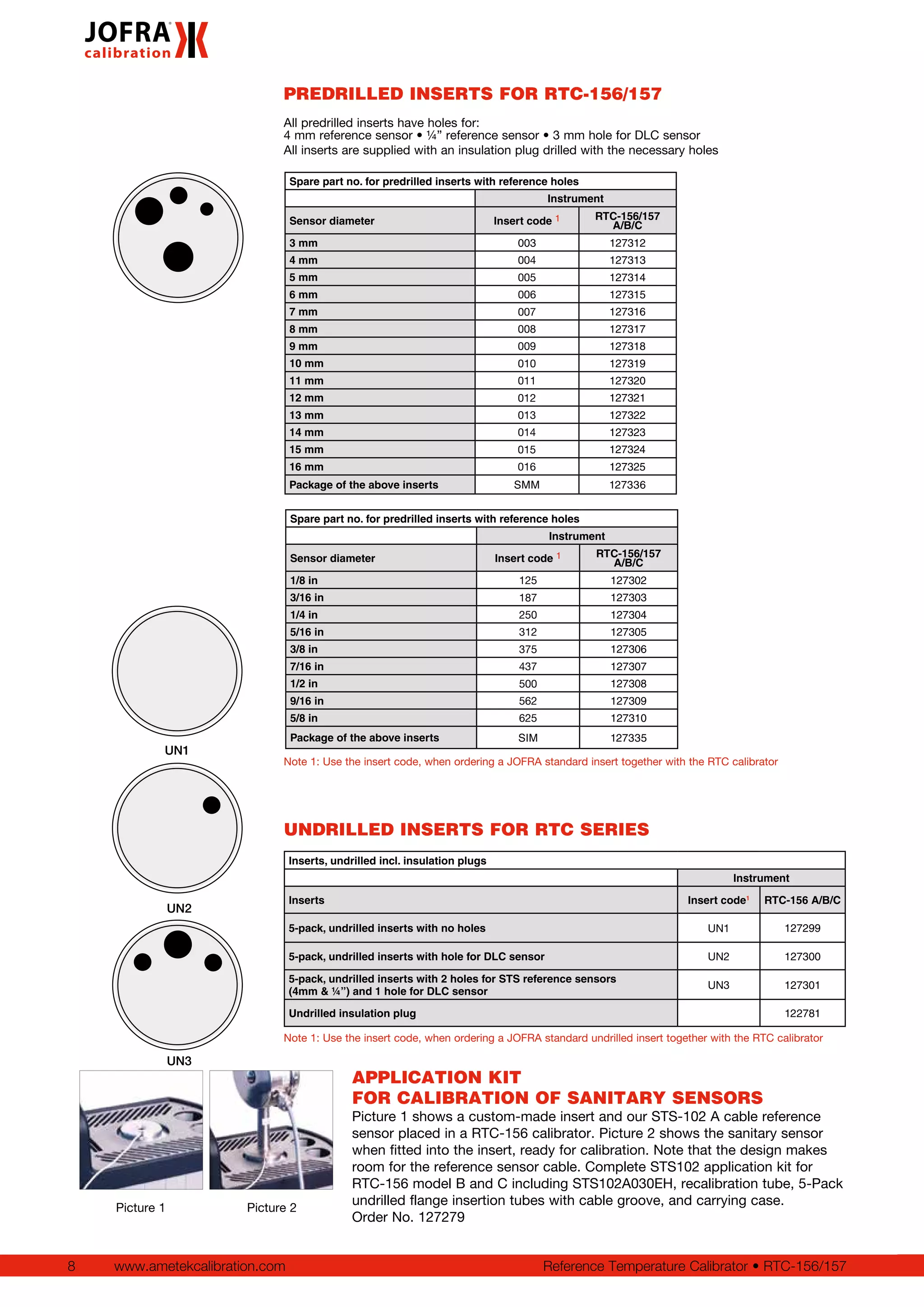 8 www.ametekcalibration.com Reference Temperature Calibrator • RTC-156/157
UN1
UN3
UN2
PREDRILLED INSERTS FOR RTC-156/157
All predrilled inserts have holes for:
4 mm reference sensor • ¼” reference sensor • 3 mm hole for DLC sensor
All inserts are supplied with an insulation plug drilled with the necessary holes
Spare part no. for predrilled inserts with reference holes
Instrument
Sensor diameter Insert code 1 RTC-156/157
A/B/C
3 mm 003 127312
4 mm 004 127313
5 mm 005 127314
6 mm 006 127315
7 mm 007 127316
8 mm 008 127317
9 mm 009 127318
10 mm 010 127319
11 mm 011 127320
12 mm 012 127321
13 mm 013 127322
14 mm 014 127323
15 mm 015 127324
16 mm 016 127325
Package of the above inserts SMM 127336
Spare part no. for predrilled inserts with reference holes
Instrument
Sensor diameter Insert code 1 RTC-156/157
A/B/C
1/8 in 125 127302
3/16 in 187 127303
1/4 in 250 127304
5/16 in 312 127305
3/8 in 375 127306
7/16 in 437 127307
1/2 in 500 127308
9/16 in 562 127309
5/8 in 625 127310
Package of the above inserts SIM 127335
Note 1: Use the insert code, when ordering a JOFRA standard insert together with the RTC calibrator
Picture 1 shows a custom-made insert and our STS-102 A cable reference
sensor placed in a RTC-156 calibrator. Picture 2 shows the sanitary sensor
when fitted into the insert, ready for calibration. Note that the design makes
room for the reference sensor cable. Complete STS102 application kit for
RTC-156 model B and C including STS102A030EH, recalibration tube, 5-Pack
undrilled flange insertion tubes with cable groove, and carrying case.
Order No. 127279
APPLICATION KIT
FOR CALIBRATION OF SANITARY SENSORS
Picture 2Picture 1
UNDRILLED INSERTS FOR RTC SERIES
Inserts, undrilled incl. insulation plugs
Instrument
Inserts Insert code1
RTC-156 A/B/C
5-pack, undrilled inserts with no holes UN1 127299
5-pack, undrilled inserts with hole for DLC sensor UN2 127300
5-pack, undrilled inserts with 2 holes for STS reference sensors
(4mm & ¼”) and 1 hole for DLC sensor
UN3 127301
Undrilled insulation plug 122781
Note 1: Use the insert code, when ordering a JOFRA standard undrilled insert together with the RTC calibrator
 