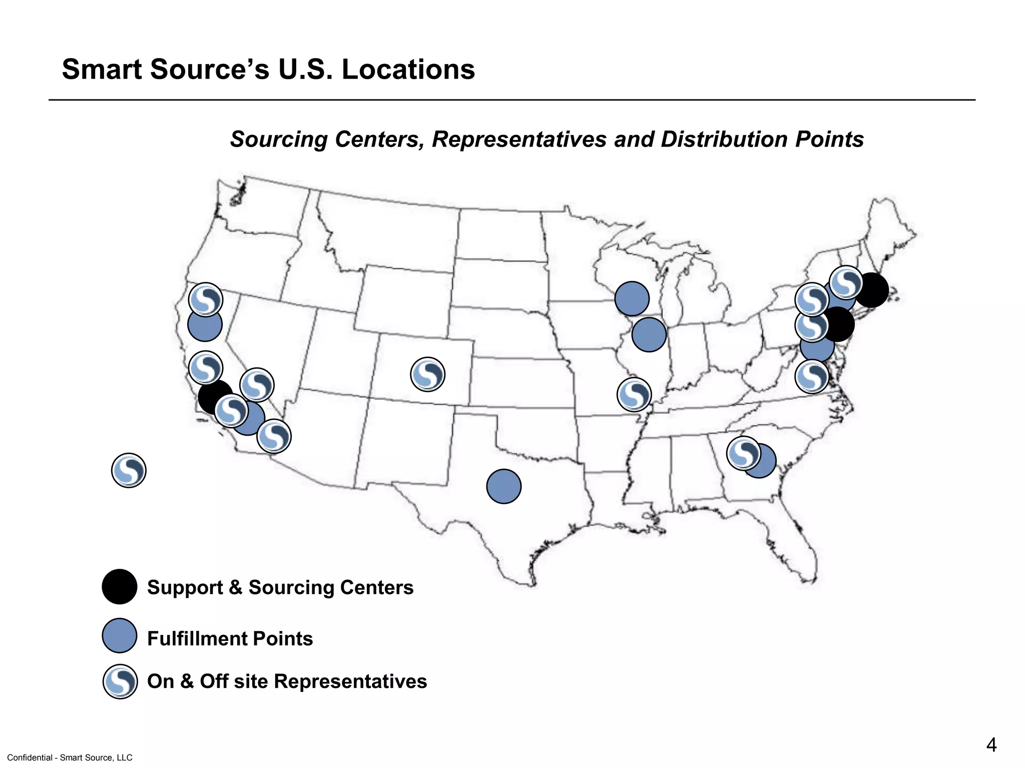 Smart Source’s U.S. Locations

                                           Sourcing Centers, Representatives and Distribution Points




                                   Support & Sourcing Centers

                                   Fulfillment Points

                                   On & Off site Representatives


Confidential - Smart Source, LLC
                                                                                                       4
 