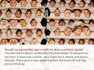 Should my personality type match my team members’ types?
The best teams have a combination of personalities. If everyone on
the team is extremely creative, they might fail in details and follow-
through. If everyone is only detail-oriented, the team will lack big-
picture thinking.
 