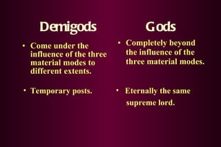 Come under the influence of the three material modes to different extents. Completely beyond the influence of the three material modes. Temporary posts. Demigods Eternally the same  supreme lord. Gods 