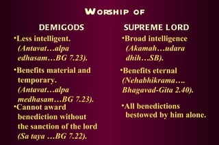 Worship of DEMIGODS SUPREME LORD Less intelligent.   (Antavat…alpa   edhasam…BG 7.23). Benefits material and   temporary.   (Antavat…alpa   medhasam…BG 7.23). Broad intelligence   (Akamah…udara   dhih…SB). Benefits eternal   (Nehabhikrama….  Bhagavad-Gita 2.40). Cannot award   benediction without   the sanction of the lord   (Sa taya …BG 7.22). All benedictions   bestowed by him alone. 