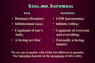 Soul and Supersoul A loving servitor Eternally a loving master. We are one in quality with GOD, but different in quantity. Our  Salvation  depends on the  acceptance  of this reality. Soul Supersoul Humans  (Jivatmas) GOD  (paramatma) Infinitesimal  (anu) Infinite  (vibhu) Cognizant of one’s    body. Cognizant of everyone   and everything. 