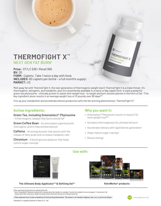 ss-thermofightX-US-en-003
Active Ingredients: Why you want it:
Use with:
Green Tea, including Greenselect® Phytosome
– A thermogenic catalyst that burns stored fat†
Green Coffee Bean – An antioxidant superfood with
chlorogenic acid to help achieve ketosis†
Caffeine – An energy booster that assists with the
release of fatty acids and increases metabolic rate†
Chromium – A blood glucose balancer that helps
control sugar cravings†
•	 Greenselect® Phytosome results in nearly 2.5X
more weight loss**†
•	 Activates thermogenesis for ultimate fat burn†
•	 Accelerates ketosis with rapid ketone generation†
•	 Helps reduce sugar cravings†
•	 Boosts energy†
The Ultimate Body Applicator™ & Defining Gel™ KetoWorks® products
Price: DT/LC $36 / Retail $65
BV: 30
FORM: Caplets. Take 1 twice a day with food.
INCLUDES: 60 caplets per bottle – a full month’s supply!
MARKET: US
Melt away fat with ThermoFight X, the next generation of thermogenic weight loss!† ThermoFight X is a triple threat—it’s
thermogenic, ketogenic, and metabolic, plus it’s conveniently available in a twice-a-day caplet form. It uses a powerful
green tea phytosome - clinically proven to assist with weight loss - to target and burn stored calories in the form of fat.†
This
key ingredient alone results in an average weight loss of 31 pounds over 90 days!*†
Fire up your metabolism and accelerate ketone production with the fat-burning phenomenon, ThermoFight X!†
THERMOFIGHT X™
NEXT GEN FAT BURN†
†These statements have not been evaluated by the Food and Drug Administration. This product is not intended to diagnose, treat, cure, or prevent any disease.
*When used along with exercise and a reduced-calorie diet. 
**Use of Greenselect® Phytosome combined with a reduced-calorie diet resulted in an average 31 pounds lost compared to only an average of 11 pounds lost in the 	
reduced-calorie diet control group. Weight loss regime should include both exercise and a reduced-calorie diet.
Greenselect®
is a registered trademark of Indena S.p.A., Italy.
 
