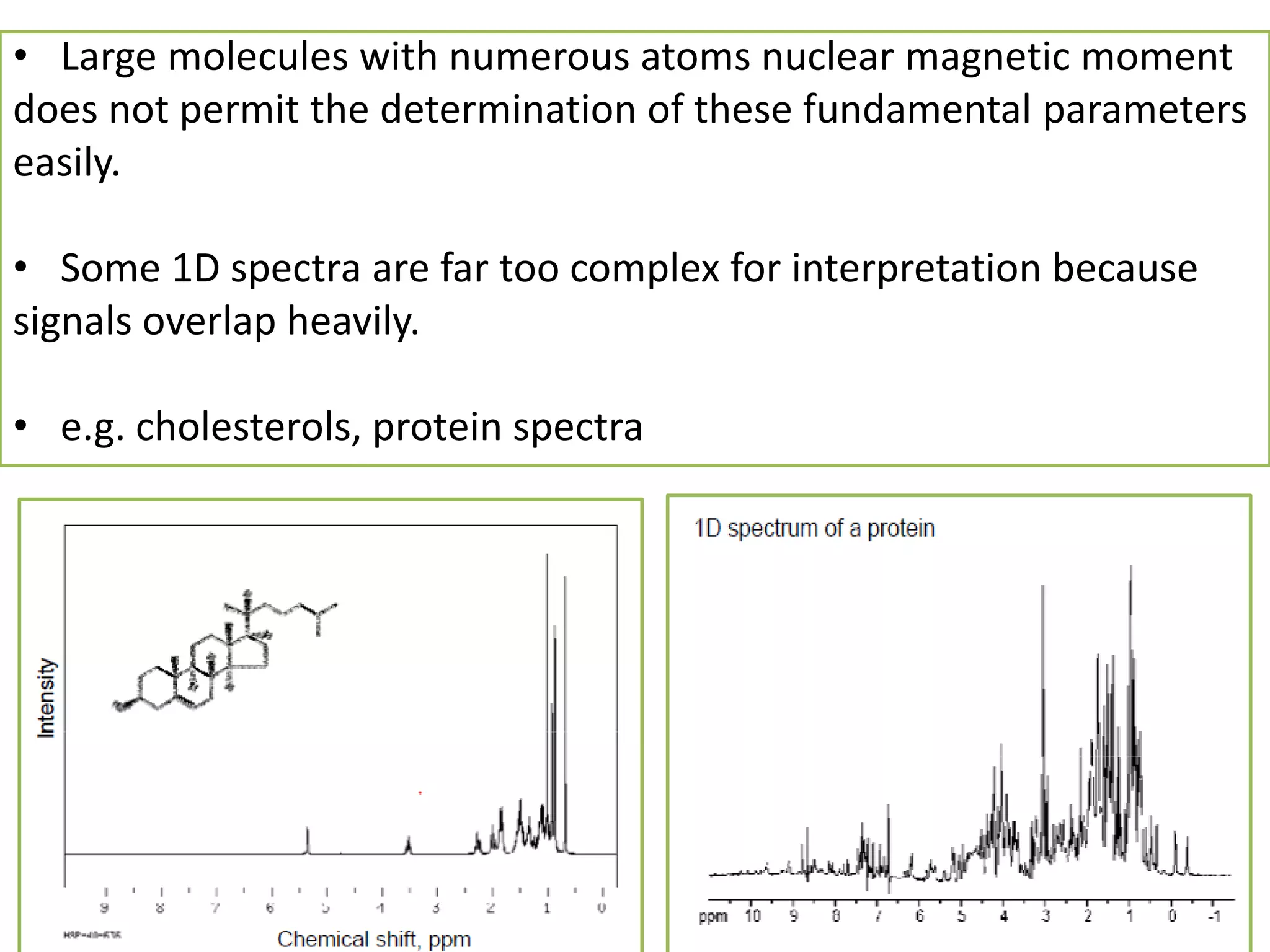 • Large molecules with numerous atoms nuclear magnetic moment 
does not permit the determination of these fundamental parameters 
easily. 
• Some 1D spectra are far too complex for interpretation because 
signals overlap heavily. 
• e.g. cholesterols, protein spectra 
 