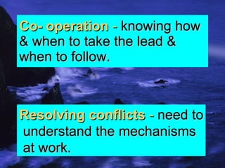 Co- operation  -  knowing how & when to take the lead & when to follow. Resolving conflicts  -  need to understand the mechanisms at work. 