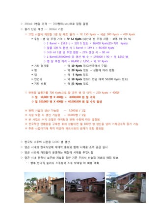 ▷ 360ml 1병당 가격 -- 700짯(Kyats)으로 잠정 결정

▷ 원가 단순 계산 -- 360ml 기준
  ◊ 고정 시설비 제외한 1병 당 제조 원가 ≑ 약 150 Kyats + 세금 300 Kyats = 450 Kyats
      ‣ 주정 : 병 당 주정 가격 = 약 52 Kyats (미얀마 산 주정 사용 – 보통 94~95 %)
              ◊ 1 Barrel = 158.9 L = 120 $ 정도 = 86,400 Kyats(1$=720   Kyats)
              ◊ 알콜 100 % 환산 시 1 Barrel = 149 L = 86,400 Kyats
              ◊ 360 ml 1병 당 주정 함량 – 25% 생산 시 – 90 ml
              ◊ 1 Barrel(149,000ml) 당 생산 병 수 = 149,000 / 90 = 약 1,650 병
              ◊ 병 당 주정 가격 = 86,400 / 1,650 = 약 52 Kyats
      ‣ 기타 첨가물              -- 약 10 Kyats 정도(한국에서 구입)
      ‣ 병                   -- 약 20 Kyats 정도 -- 상황에 따라 변화
      ‣ 캡                   -- 약   5 Kyats 정도
      ‣ 인건비                 -- 약 10 Kyats 정도(1 인당 대략 50,000 Kyats 정도)
      ‣ 기타 비용               -- 약 53 Kyats 정도


  ◊ 판매점 납품가를 700 Kyats으로 할 경우 병 당 이익 = 250 Kyats = 400원
      ◊ 월 010,000 병 X 400원 = 4,000,000 원 월 수익
      ◊ 월 100,000 병 X 400원 = 40,000,000 원 월 수익 발생


  ※ 현재 시설의 생산 가능량           --   5,000병 / 1일
  ※ 시설 보완 시 생산 가능량          -- 10,000병 / 1일
  ※ 본 사업의 수익 모델은 마케팅과 판매 수량에 따라 결정됨
  ※ 전국적인 판매망을 구축한 후의 상황이면 월 100만 병 생산을 넘어 기하급수적 증가 가능
  ※ 주류 사업이기에 특히 미얀마 파트너와의 관계가 또한 중요함




▷ 한국식 소주의 시판용 5,000 병 생산

▷ 양곤 시내의 한국식당에 대대적 홍보와 함께 시제품 소주 공급 실시

▷ 양곤 시외곽 개인들이 운영하는 매장에 시제품 투입시킴
▷ 양곤 시내 한국식 소주방 개설을 위한 기존 우리식 선술집 개념의 매장 확보

  -- 향후 한국식 슬러시 소주방과 소주 칵테일 바 확충 계획
 