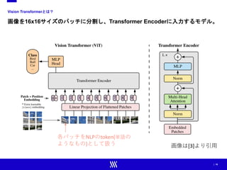 | 15
Vision Transformerとは？
画像を16x16サイズのパッチに分割し、Transformer Encoderに入力するモデル。
各パッチをNLPのtoken(単語の
ようなもの)として扱う 画像は[3]より引用
 