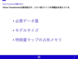| 23
Vision Transformerは無敵ではない
Vision Transformerは高性能だが、コスト面でいくつか問題点を抱えている
• 必要データ量
• モデルサイズ
• 特徴量マップの占有メモリ
 