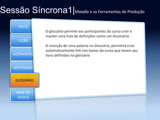Sessão Síncrona1|Moodle e as Ferramentas de Produção
TESTE
O glossário permite aos participantes do curso criar e
manter uma lista de definições como um dicionário.

LIÇÃO
HOTPATATOE

REFERENDO
GLOSSÁRIO
Section 5
BASE DE
DADOS

A inserção de uma palavra no Glossário, permitirá criar
automaticamente link nos textos do curso que levam aos
itens definidos no glossário

 