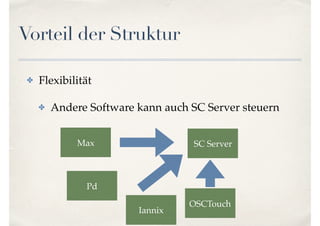 Vorteil der Struktur
✤ Flexibilität
✤ Andere Software kann auch SC Server steuern
Max SC Server
Pd
OSCTouch
Iannix
 