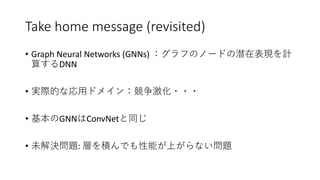 Take home message (revisited)
• Graph Neural Networks (GNNs) ：グラフのノードの潜在表現を計
算するDNN
• 実際的な応用ドメイン：競争激化・・・
• 基本のGNNはConvNetと同じ
• 未解決問題: 層を積んでも性能が上がらない問題
 