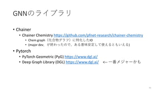 GNNのライブラリ
• Chainer
• Chainer Chemistry https://github.com/pfnet-research/chainer-chemistry
• Chem graph（化合物グラフ）に特化したIO
• (major dev．が終わったので、ある意味安定して使えるともいえる)
• Pytorch
• PyTorch Geometric (PyG) https://www.dgl.ai/
• Deep Graph Library (DGL) https://www.dgl.ai/ <-- 一番メジャーかも
42
 