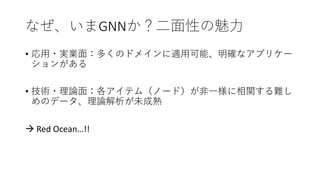 なぜ、いまGNNか？二面性の魅力
• 応用・実業面：多くのドメインに適用可能、明確なアプリケー
ションがある
• 技術・理論面：各アイテム（ノード）が非一様に相関する難し
めのデータ、理論解析が未成熟
 Red Ocean…!!
 